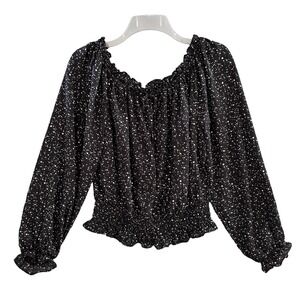 June & Hudson Blouse Womens M Black White Speckled Smocked Peasant Boho Top